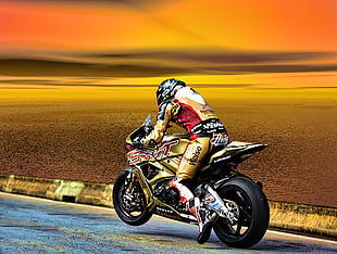 man in full motor suit set riding brown and black sport bike HD wallpaper