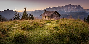 brown wooden house on top of mountain during golden hour HD wallpaper
