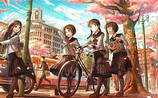 four girls in school uniforms illustration HD wallpaper