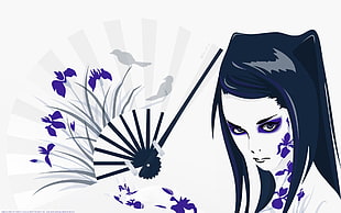 female character with hand fan illustration, Ergo Proxy, anime, fan art, Re-l Mayer