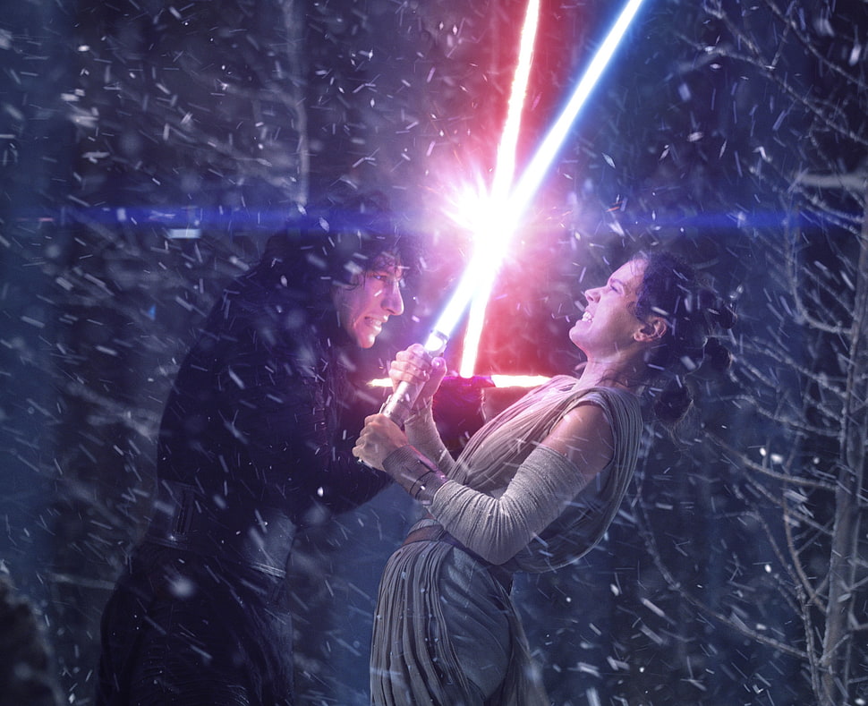 Star Wars Kylo Ren and woman fighting using light sabers movie scene HD wallpaper
