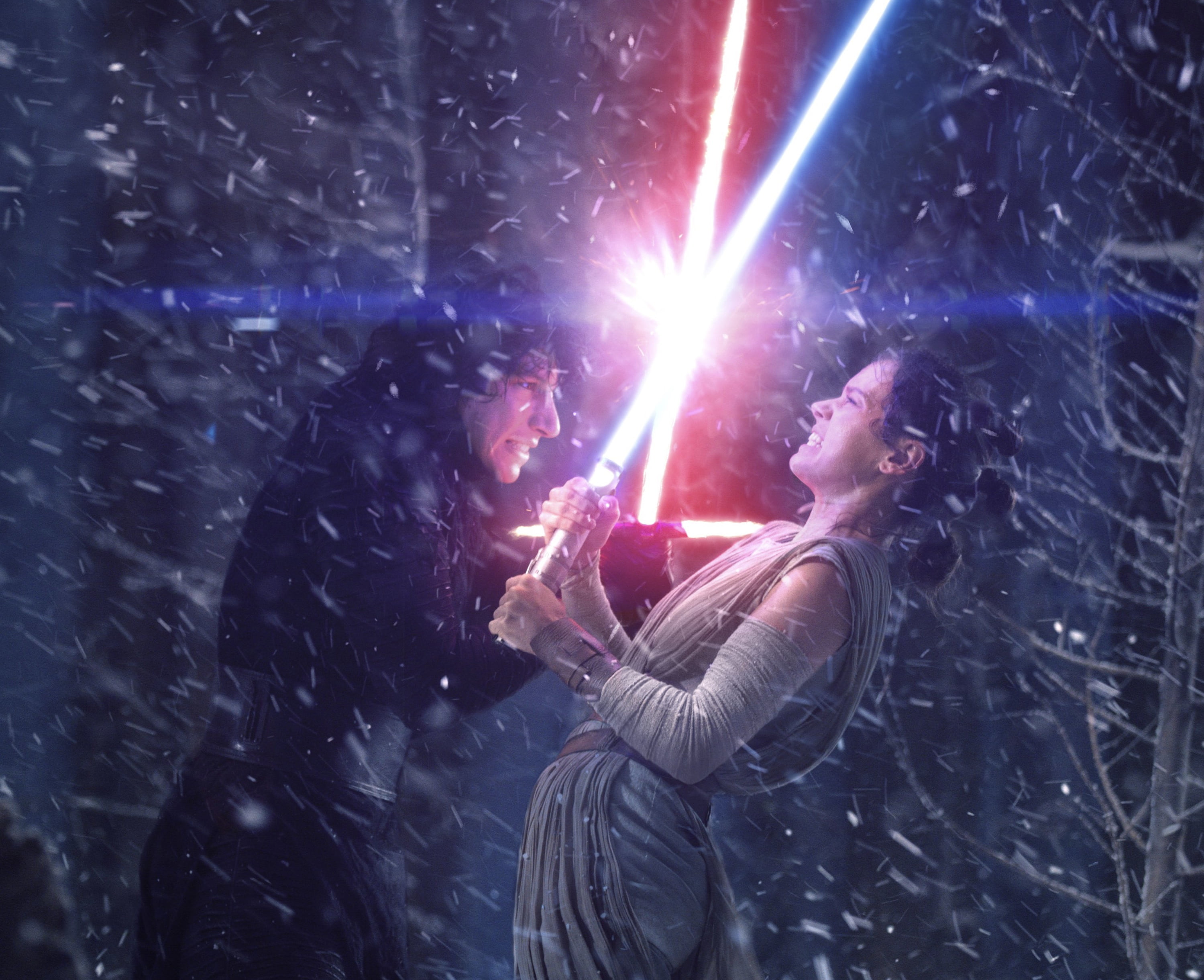 Star Wars Kylo Ren and woman fighting using light sabers movie scene