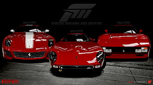 three close up photo of red sports car