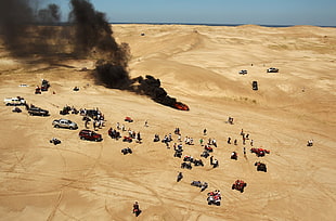 brown and black floral area rug, fire, car, motorcycle, desert