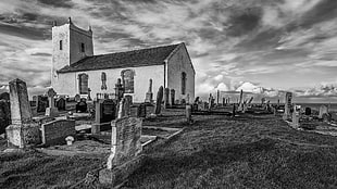 grayscale photo of graveyard, architecture, monochrome, grass, clouds