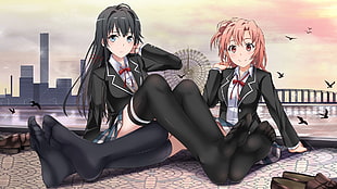 two anime women sitting 3D wallpapers