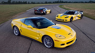 three yellow sport cars, Chevrolet Corvette, Chevrolet, yellow cars, car