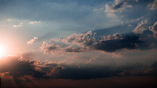 gray and white clouds, sunset, sky, Sun, clouds