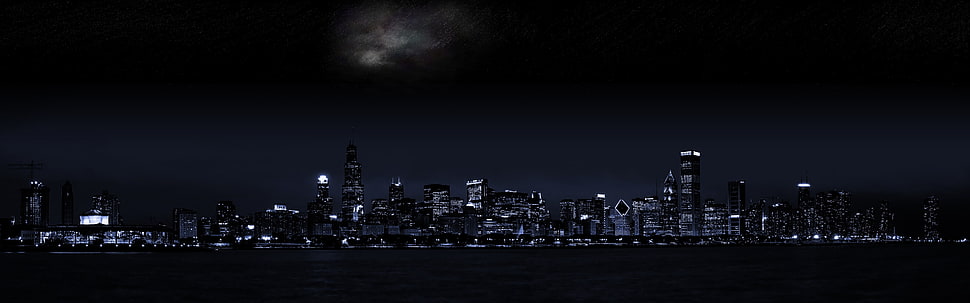 lighted buildings, multiple display, city, dark HD wallpaper