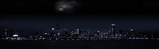 lighted buildings, multiple display, city, dark HD wallpaper