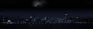 lighted buildings, multiple display, city, dark