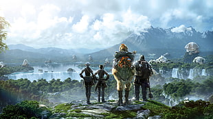 four person standing at the mountain peak