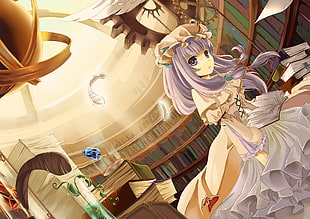 gray haired female Anime character inside library