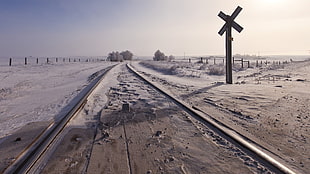 gray railroad, snow, railway, landscape, winter