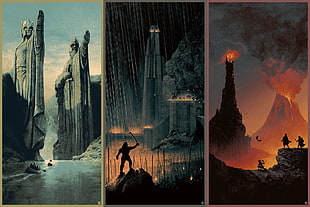3-panel character silhouette digital wallpaper, The Lord of the Rings, Mount Doom, Argonath