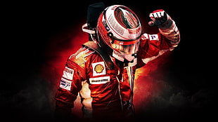 red and white racing jacket, Formula 1, Scuderia Ferrari, Kimi Raikkonen, sports