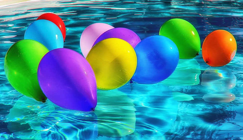 assorted balloons on pool HD wallpaper
