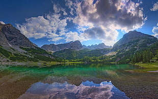 mountain digital wallpaper, nature, landscape, summer, lake