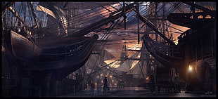 ship lot during golden hour game digital wallpaper