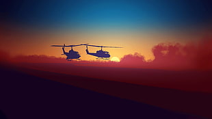 two black helicopters, Military helicopters, Silhouette, Sunset HD wallpaper