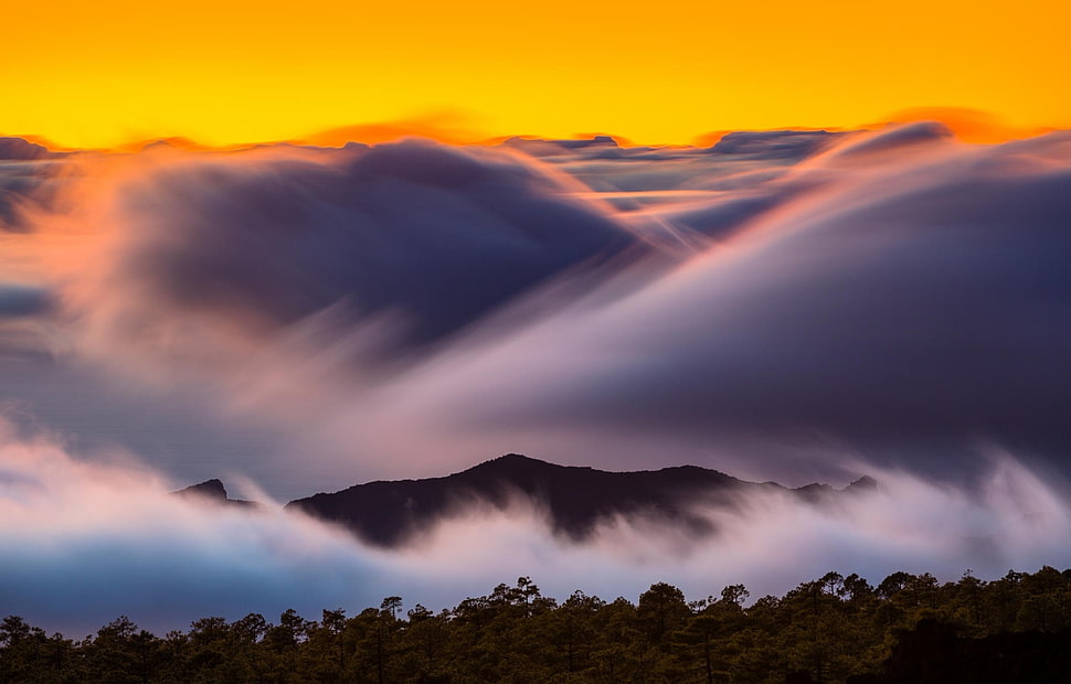 mountain with fog wallpaper, nature, landscape, sunset, mist HD wallpaper