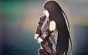 woman with black long hair wearing brown sleeveless shirt anime character
