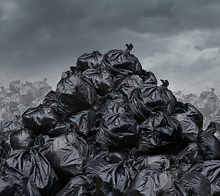 black and white floral textile, trash, environment, bag
