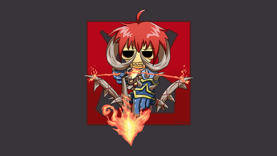 chibi in red hair holding fire bow artwork HD wallpaper