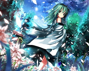 female anime character with green hair and white clothes HD wallpaper