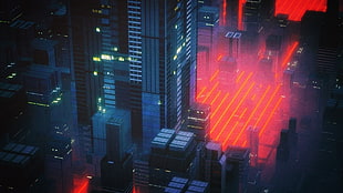 photo of high-rise building during nighttime illustration, science fiction, Retro style, digital art, isometric