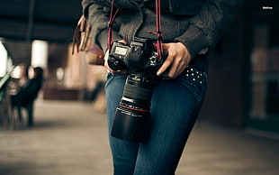 black DSLR camera with zoom lens, camera, Canon, jeans, depth of field