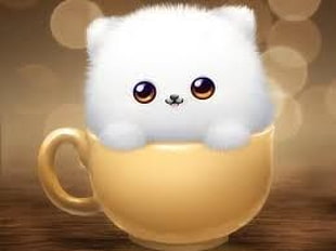 white furry cat in yellow cup animated illustration