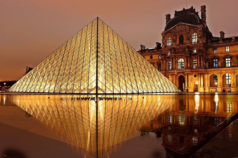 glass Pyramid in Paris landmark photo HD wallpaper