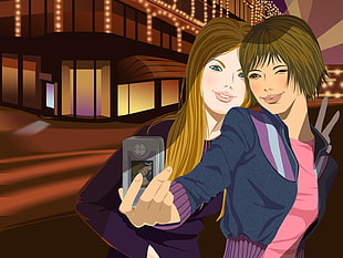 illustration of two women taking selfie