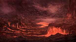 person standing on edge of rock, artwork, lava, fantasy art, volcano