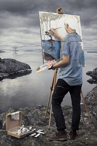 man painting tree and lake painting, men, nature, landscape, optical illusion