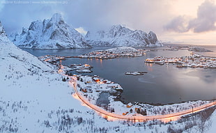 white and blue boat near body of water painting, snow, Norway, Lofoten HD wallpaper