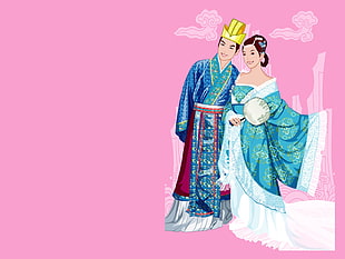 digital wallpaper of emperor and female wearing blue kimono