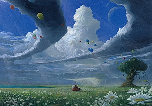white clouds with trees and flowers illustration, clouds, balloon, flowers, plains