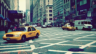 two yellow taxi cabs, New York City, building, car