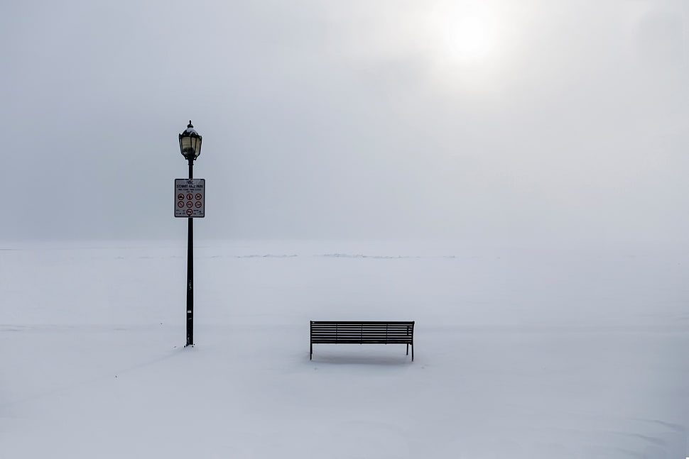 black wooden bench, landscape, winter, lantern HD wallpaper