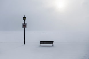 black wooden bench, landscape, winter, lantern
