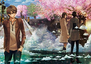 couple standing in front of Cherry Blossom anime illustration