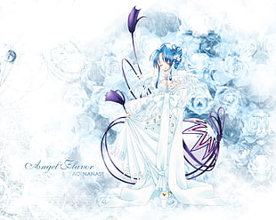 blue haired female angel anime character wearing white dress digital wallpaper