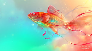 orange and and red goldfish illustration, fish, digital art HD wallpaper