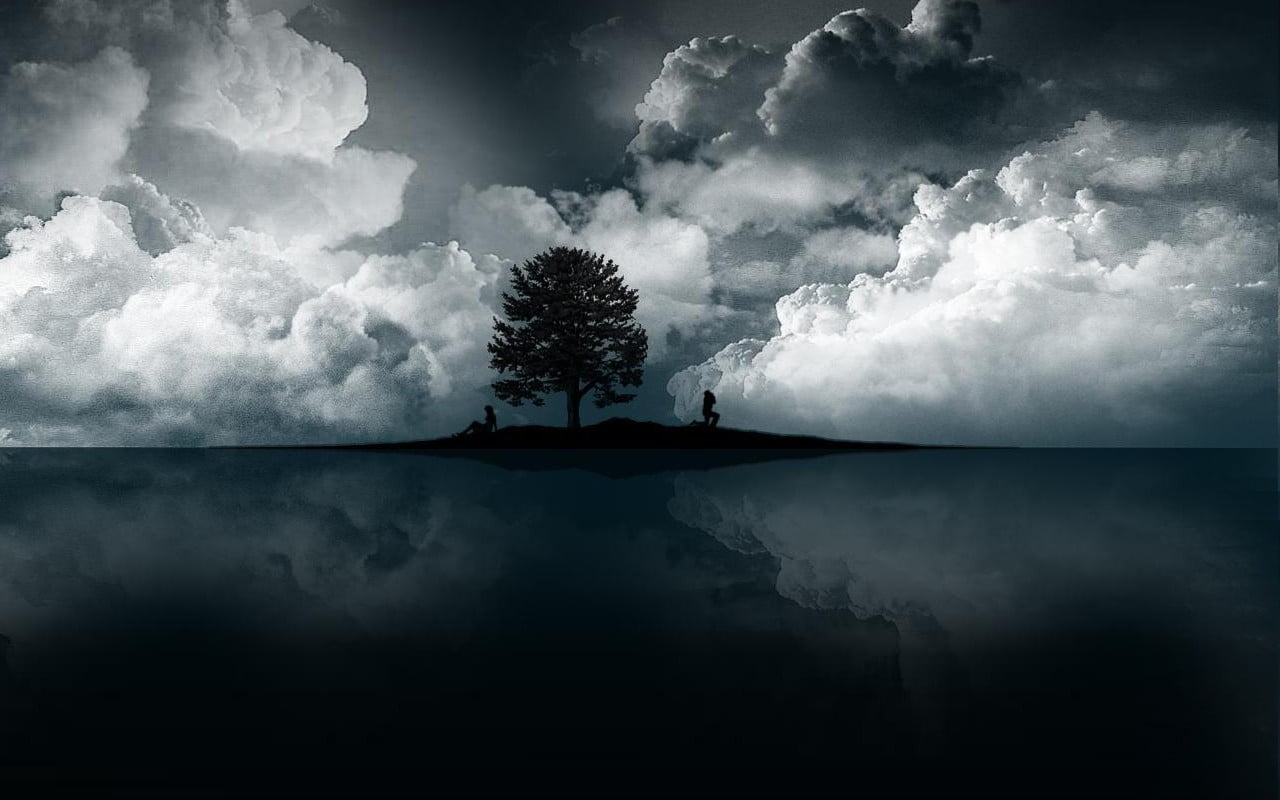silhouette of tree, sea, island, clouds