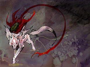white and red fox painting, Okami