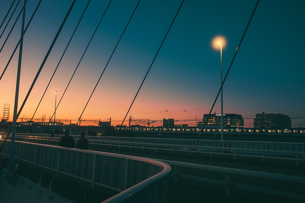 concrete road, urban, cityscape, sunset, bridge HD wallpaper