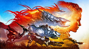 mechanical dinosaurs illustration, Horizon: Zero Dawn, Aloy (Horizon: Zero Dawn), watermarked, DeviantArt HD wallpaper