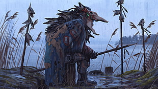 blue wolf monster illustration, Simon Stålenhag, Things from the Flood, digital art, robot
